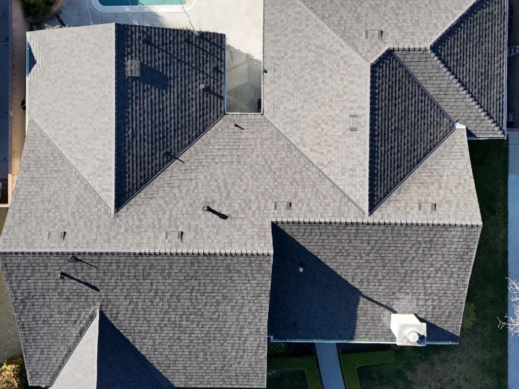 Aerial view of a new shingle roof in Irvine, CA