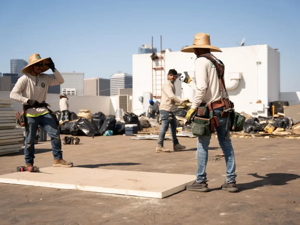Preferred Roofing crew on a commercial roof in Los Angeles County