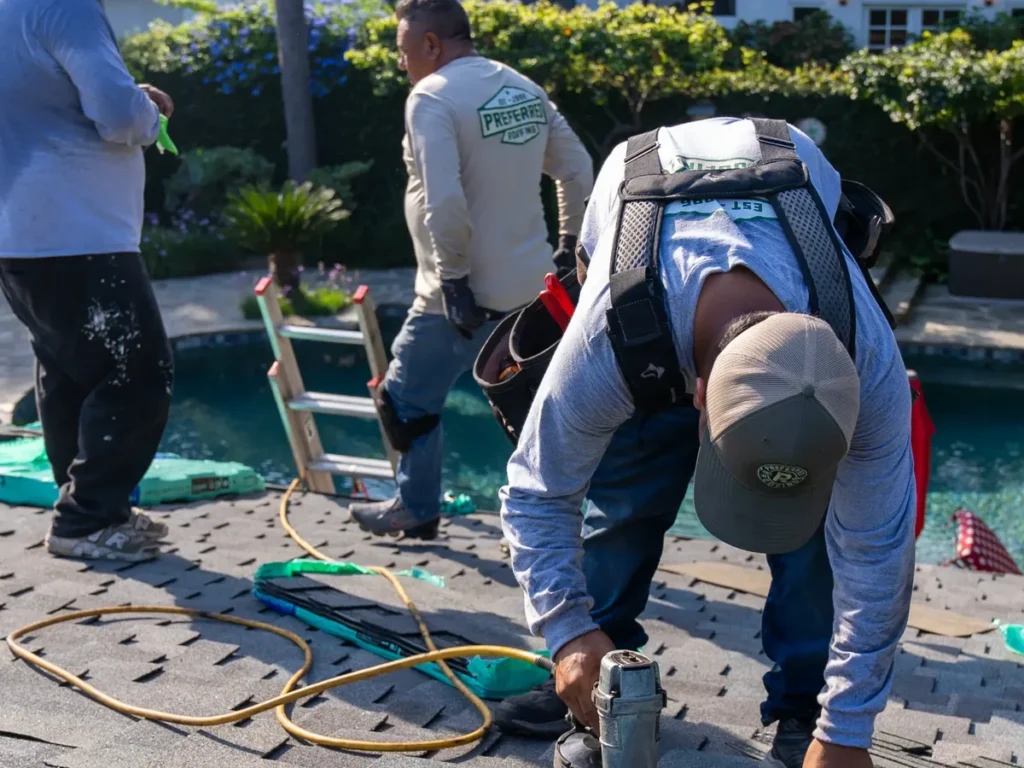Preferred Roofing crew installing roofing in Irvine, CA